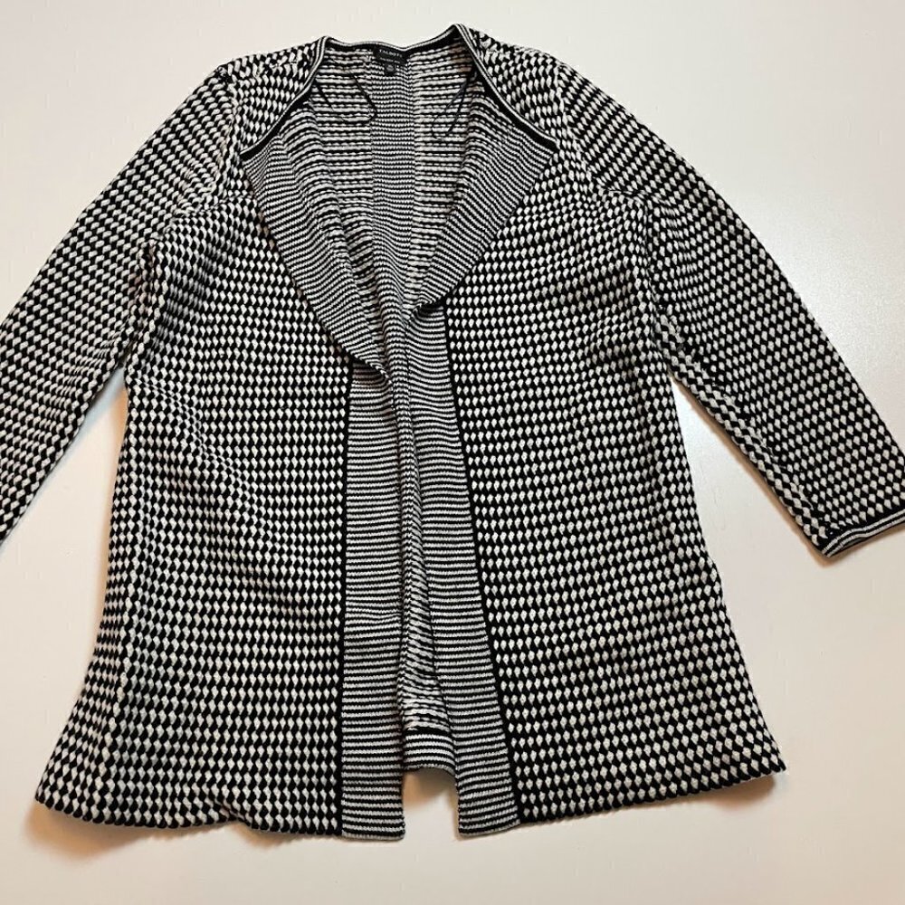 Talbots 100% Wool Sweater Cardigan Diamond Open Front Winter Layer Oversized XL - Picture 2 of 7